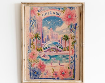 Bloemenprint van de skyline van Chicago | Muurdecoratie met Chicago Bean-motief | Roze botanische stadsposter | Lente-reisdecoratie voor Chicago | Roze stedelijk landschapskunst