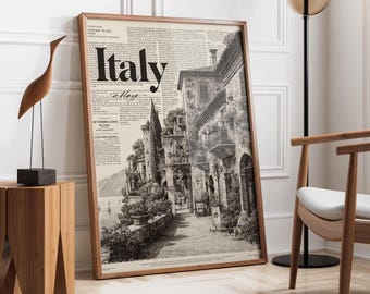 Italië krant stad poster | Italiaanse straatreiskunst aan de muur | Vintage oude stad-print | Europees zwart-wit decor | Retro muurkunst