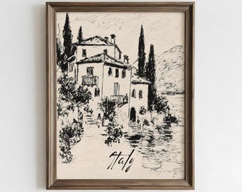 Vintage Italiaanse muurdecoratie | Print van een Italiaanse villa aan het meer | Landschapsschets van het Comomeer als decoratie | Zwart-wit kunst | Europese kustdecoratie voor thuis