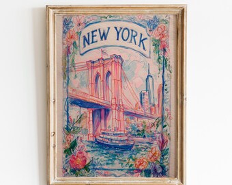 Muurdecoratie van New York City | Bloemenprint van de Brooklyn Bridge | Romantische reisposter van NYC | Aquarel stadsgezicht voor huisdecoratie | Kunstwerk van de skyline van Manhattan