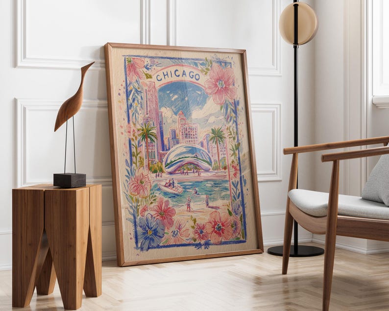 Chicago Spring Esentials Chicago Skyline Floral Print | Chicago Bean Wall Art | Pink Botanical ...