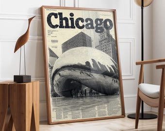 Chicago krant stad muurkunst | Vintage reisposter | Zwart-witte Chicago-print | Retro krantenstijl | Architectuurmuurdecoratie