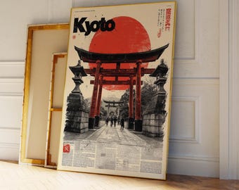 Stadsmuurkunst Kyoto-krant | Japanse tempelposter | Zwart-wit reiskunst | Vintage rode print toriipoort | Retro Aziatisch Japans decor