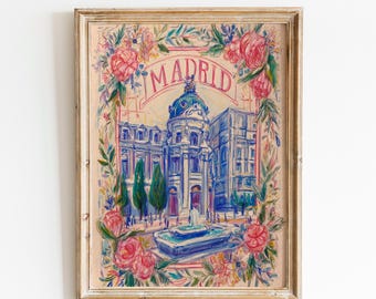 Madrid reisdecoratie voor aan de muur | Bloemenprint van Madrid | Souvenirprint voor een Spaanse vakantie | Roze romantische Europese muurdecoratie | Europees cadeau