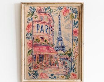 Vintage Paris Travel Poster | Romantic Eiffel Tower Print | Pink Paris Cafe Wall Decor | Floral Parisian Room Art | French Cottage Print