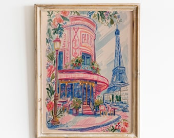 Muurdecoratie Parijs Café | Eiffeltoren print | Bloemen Franse Bistro Reiskunst | Roze Romantisch Parijs Cadeau | Kunstwerk Parijs Straatcafé