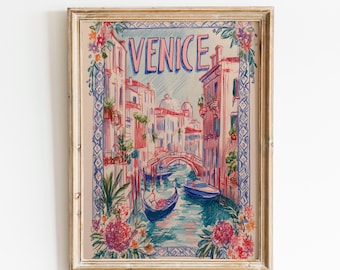 Reisposter Venetië | Vintage Venetië muurdecoratie | Landschapsprint van de Italiaanse kanalen | Romantische Italiaanse woondecoratie | Bloemenposter van Venetië