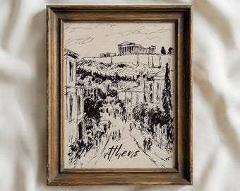 Muurdecoratie Athene, Griekenland | Schets van de stad Athene | Griekse reisposter | Minimalistische lijntekening van Athene | Zwart-wit stadskunst van de Akropolis