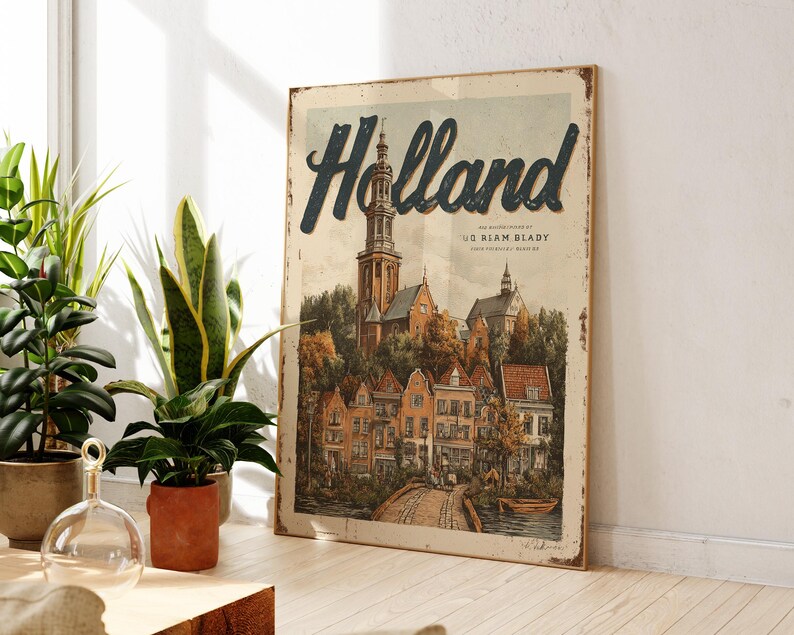 May include: A vintage-style wooden sign featuring the word "Holland" in a blue script. The sign depicts a detailed illustration of a Dutch town with buildings, a church, and a bridge. The sign has a distressed, aged appearance.
