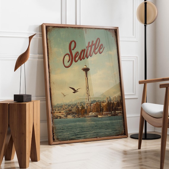 Vintage Seattle Travel Print | Seattle Space Needle Poster | Retro Washington Wall Art | Seattle Skyline City Poster | Pacific Northwest Art