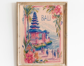 Reisposter Bali | Tropische tempel muurdecoratie | Vintage Bali decoratie print | Kust boho woondecoratie | Tropische bloemen eilandvakantie