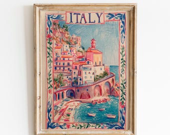 Print met een reisthema langs de Italiaanse kust | Muurdecoratie aan de Amalfikust | Poster van een Italiaans dorp als cadeau | Decoratieve print met een mediterrane kust | Vintage Italiaanse kunst