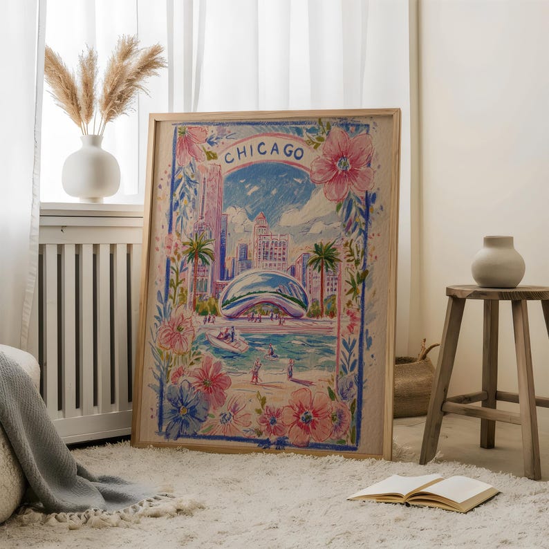 Chicago Spring Esentials Chicago Skyline Floral Print | Chicago Bean Wall Art | Pink Botanical ...