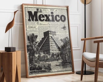 Muurkunst krantenstad Mexico | Vintage reisposter Mexico | Retro zwart-witte palmprint | Azteekse Maya-kunst | Historische stadsmuurdecoratie