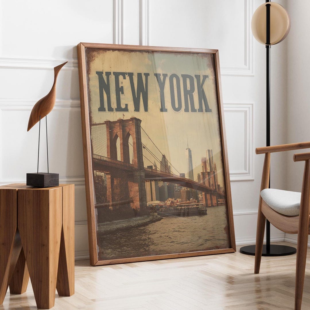 Vintage New York Travel Poster | Rustic Brooklyn Bridge Cityscape Wall ...
