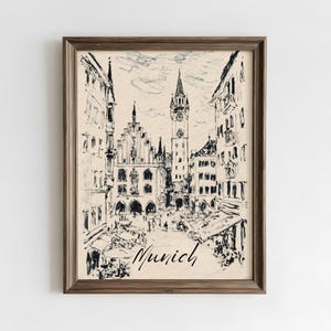Skiss av Münchens stadsbild | Väggkonst för tyska resor | Svartvit stadsdekor | Konsttryck av Münchens landmärke | Skiss av europeiska resor