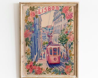 Muurdecoratie met tramthema in Lissabon | Reisposter Portugal | Roze bloemendecoratie voor Lissabon | Vintage straatkunst in Lissabon | Europese reismuurdecoratie