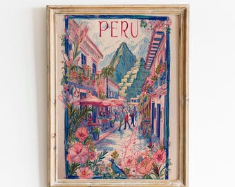 Peru reisposter | Muurdecoratie Machu Picchu | Kleurrijke Peru stadsposter | Bloemen Peru reisdecoratie | Roze Amerika Peru reisposter