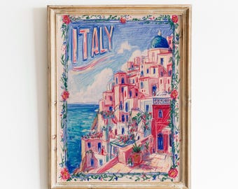 Print met een reisthema aan de Italiaanse kust | Bloemenprint van de Amalfikust | Decoratie voor een Italiaanse vakantie | Roze print van Italië | Kleurrijke zomerse kustmuurdecoratie
