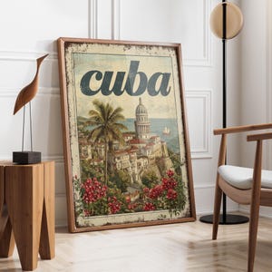 Vintage Kuba-reseaffisch | Havanna Capitol City-tryck | Tropisk karibisk väggkonst | Retro stadsbild heminredning | Kustö-present |