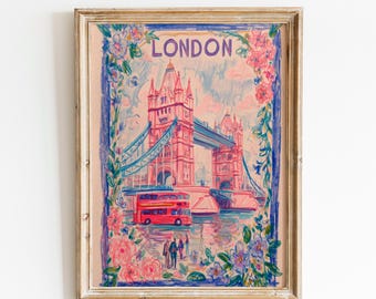Print van de Tower Bridge in Londen | Bloemenposter voor Londen | Roze muurdecoratie met Londen | Decoratieve print van een Engelse bezienswaardigheid | Stadsgezicht in cottagecore-stijl