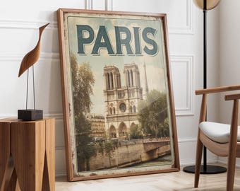 Vintage Paris Travel Poster | France City Wall Art | Notre Dame Cathedral Print | Romantic Paris Gift | European French Architecture Art
