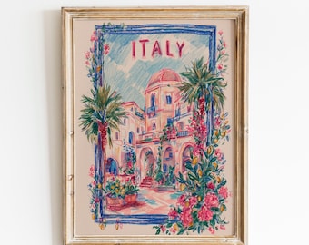 Reisposter Italië | Vintage reiskunst uit Italië | Handgetekende kunst van een Italiaanse villa | Roze bloemen woondecoratie | Print van een palmbomenkust in Italië