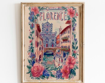 Reisposter Florence | Bloemendecoratie Florence | Italiaanse stadsgezichtdecoratie | Romantische reisposter Italië | Vintage print van Florence