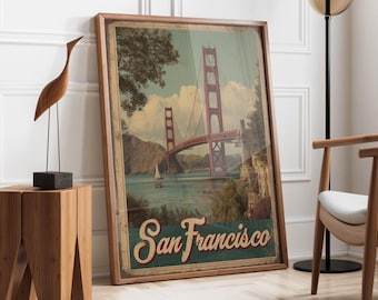 Vintage San Francisco Travel Poster | Golden Gate Bridge Wall Art | Retro San Francisco City Print | California Coastal Art | Travel Gift
