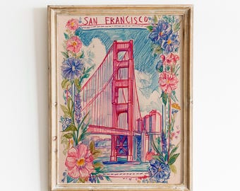 Muurdecoratie San Francisco | Print van de Golden Gate Bridge | Bloemenposter voor op reis | Kunstwerk van een Californische bezienswaardigheid | Roze kustdecoratie voor thuis
