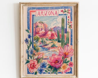 Reisposter van de woestijn van Arizona | Muurdecoratie met cactussen uit Arizona | Decoratie voor de woestijn in het zuidwesten, cadeau | Bloemenposter van Arizona | Botanische kunst van de woestijn