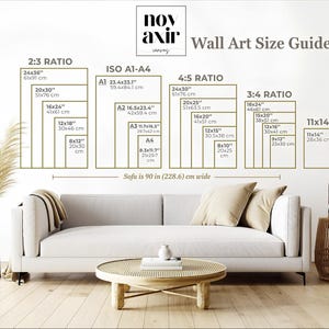 May include: Wall art size guide with dimensions in inches and centimeters. Displays various canvas sizes, including 2:3, ISO A1-A4, 4:5, 3:4, and 11x14 ratios. A sofa, coffee table, and decorative items are in the foreground.