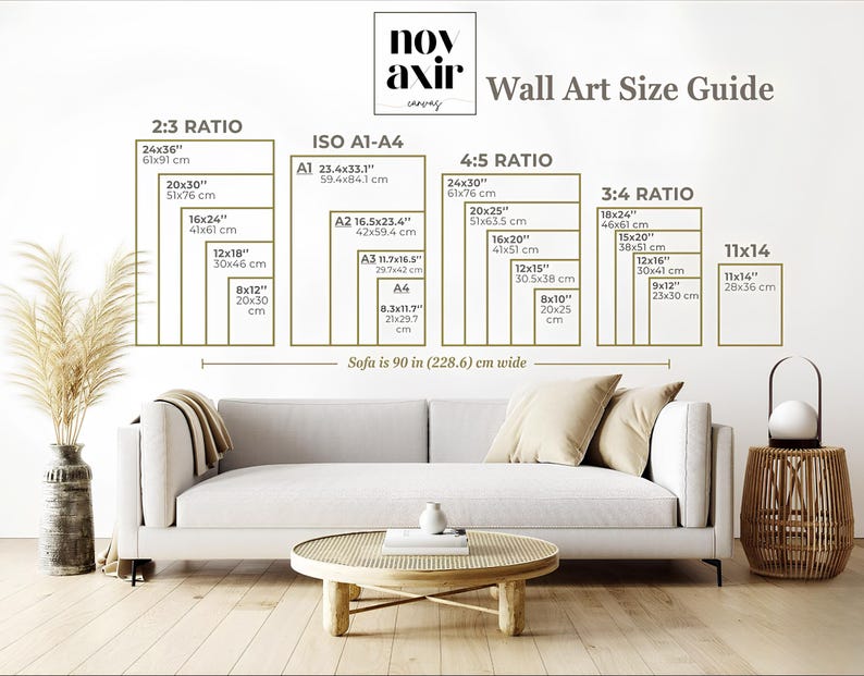 May include: Wall art size guide with dimensions in inches and centimeters. Displays various canvas sizes, including 2:3, ISO A1-A4, 4:5, 3:4, and 11x14 ratios. A sofa, coffee table, and decorative items are in the foreground.
