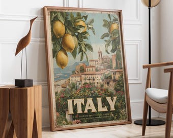 Amalfi Coast Lemon Poster | Vintage Italy Travel Poster | Italian Coastal Wall Art | Lemon Kitchen Decor | Mediterranean Summer Print