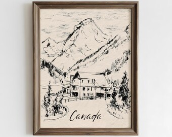 Schets van een Canadees berglandschap | Minimalistische Canadese muurdecoratie | Rustieke landschapsdecoratie voor een blokhut | Zwart-wit bergkunst | Canadese alpendecoratie
