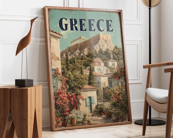 Vintage Greece Travel Poster | Acropolis Wall Art Print | Retro Athens Cityscape Art | Greek Village City Wall Art | European Travel Decor