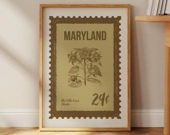 Vintage Maryland-stempelafdruk | Muurkunst met wilde bloemen Maryland | Botanische staatstempeldecor | Rustieke reisprint | Old Line State-kunstwerk