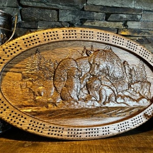 Tablero de cribbage grande con diseño de familia de osos. Tablero de cribbage con diseño de osos. Regalo para cualquier amante de las actividades al aire libre. Tablero de cribbage con ilustraciones en 3D de oseznos, ¡único en su tipo!