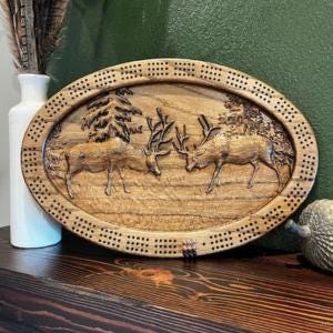 Wildlife Custom Cribbage Board Elk Cribbage Board Prezent dla każdego myśliwego i miłośnika przyrody. Elk Scene 3D Artwork Cribbage Board, jedyny w swoim rodzaju!!