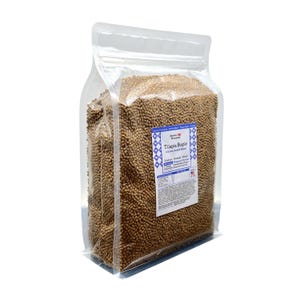 May include: A clear plastic bag filled with brown fish food pellets. The bag has a label that reads "Tilapia Staple 1.5 mm Growth Diet".