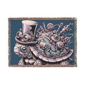 Steampunk Turtle Woven Blanket | Cozy Home Decor, Gift for Animal Lovers, Unique Wall Art, Retro Style Living Room, Birthday Present