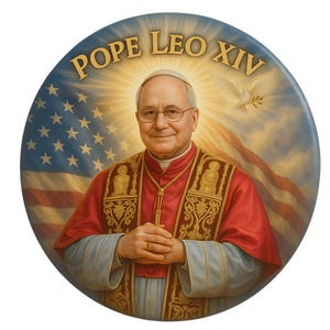 Pope Leo XIV 14th Divine Portrait Magnet, Round Religious Keepsake With American Flag and Dove, Catholic Souvenir for Home, 5.5 Inches