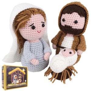 May include: A crochet kit for making a nativity scene. The kit includes three crocheted figures: Mary, Joseph, and baby Jesus. The figures are made with soft yarn and have detailed features. The kit also includes a small wooden manger.