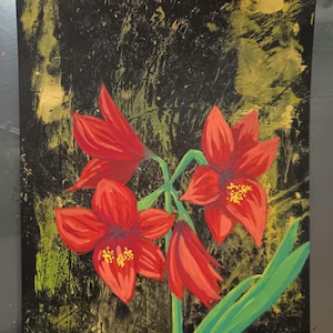 May include: A painting of red flowers with green leaves on a black background with gold accents. The painting is signed "SC" in the lower left corner.