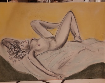 Sunbathing, Original charcoal and pastels sketch