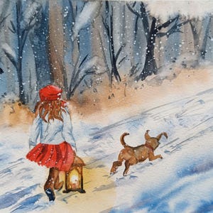 La petite fille au bonnet rouge, carte vintage d'après une aquarelle originale