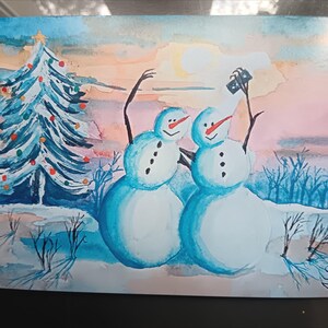 Snowman Selfie, card from an original watercolor, with envelope