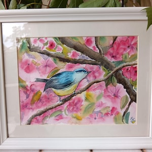 Meise im Frühling, Original Aquarell