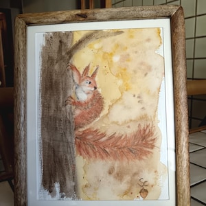 Squirrel climbing the tree, original watercolor