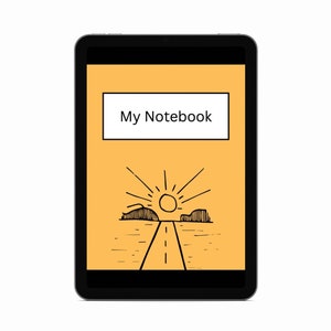 Puede incluir: Una tableta negra muestra una portada de cuaderno digital con el texto "My Notebook" en un rectángulo blanco. Debajo, una ilustración dibujada a mano muestra un camino que conduce a un sol poniente sobre un paisaje, todo sobre un fondo naranja.